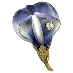 Tiffany & Co. Old Mine Diamond Enamel Flower Lily Brooch Pin 1900 Vintage Gold