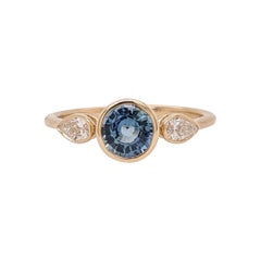 Sapphire Ring in 14K Yellow Gold w Natural Diamond Accents Three Stone Round 6mm
