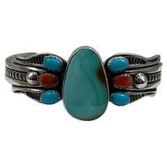 Used Navajo Sterling Silver .925 Turquoise & Coral Bracelet Signed Daniel Miko