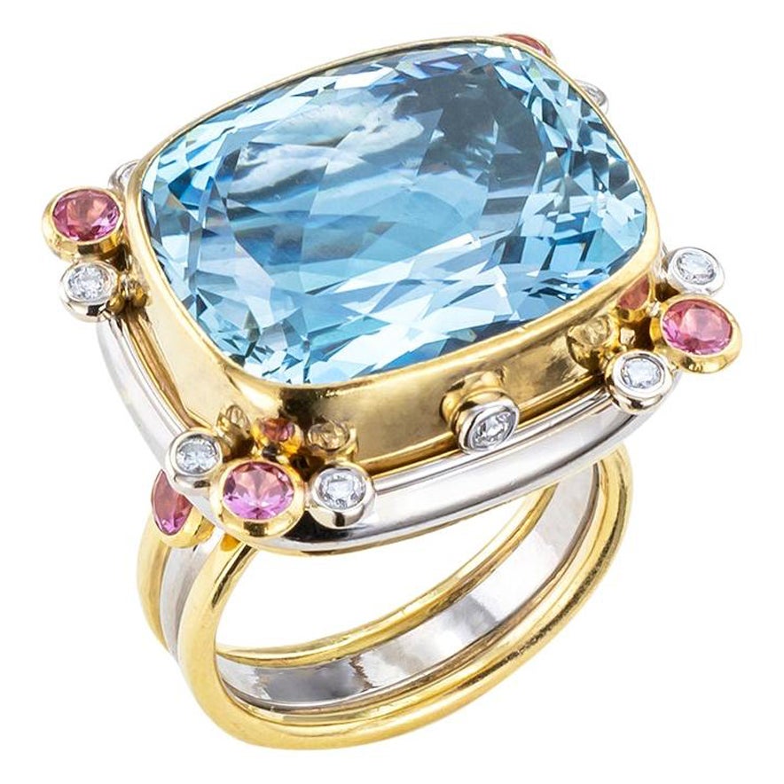 Aquamarine Pink Sapphire Diamond Two Tone Gold Cocktail Ring For Sale