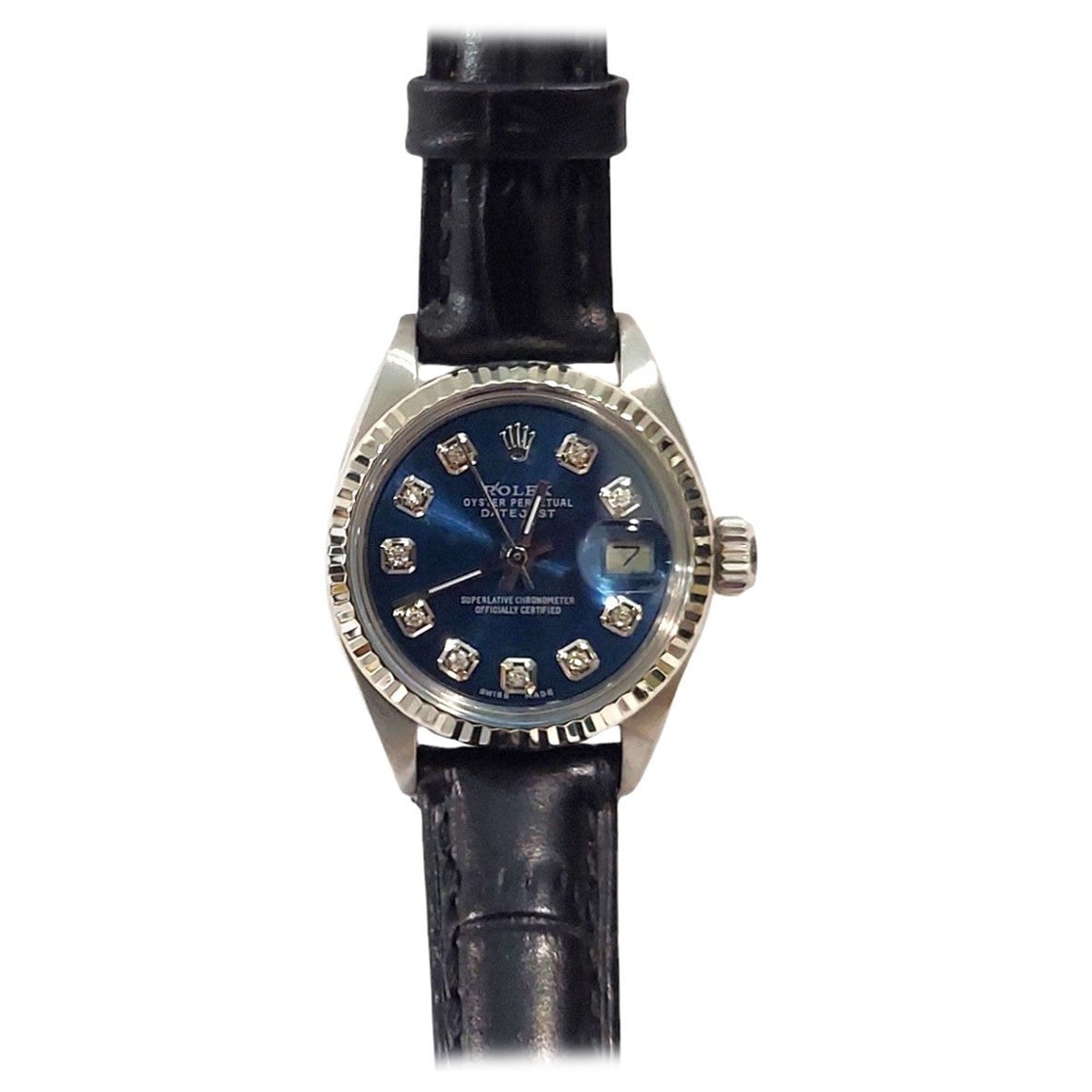 Rolex ladies 26mm Datejust 6919 Blue Diamond White gold fluted on leather  For Sale