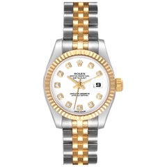 Rolex Montre Datejust en acier avec cadran en or jaune et diamants blancs, pour femmes 179173