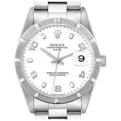 Rolex Date White Dial Engine Turned Bezel Steel Mens Watch 15210