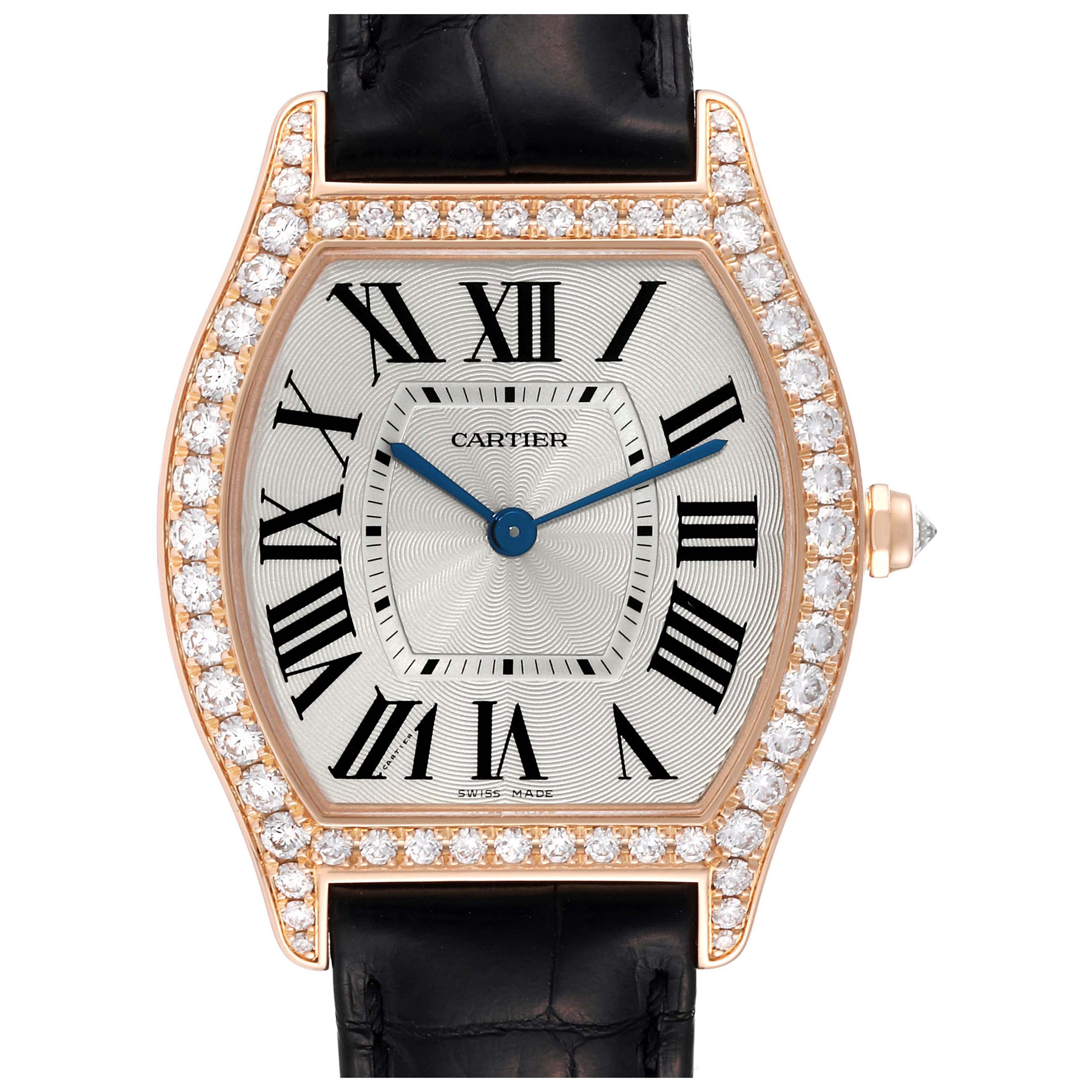 Cartier Tortue Medium Rose Gold Diamond Bezel Mens Watch WA501008 Card