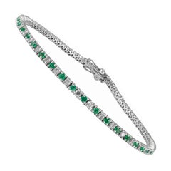 Solid 18k White Gold Natural Round-Cut Emerald and Diamond Line Bracelet