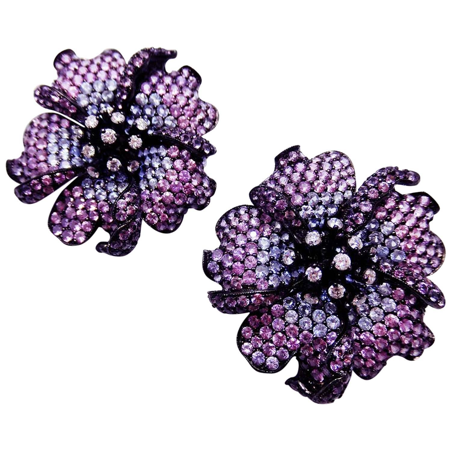 Big Mun flower earrings with Purple sapphire, Sapphire and Diamond