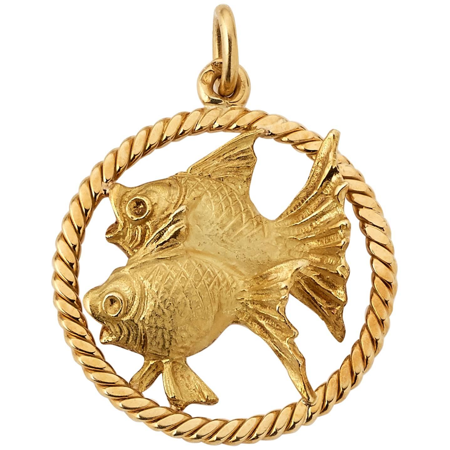 Chantela Yellow Gold Pisces Fish Pendant For Sale