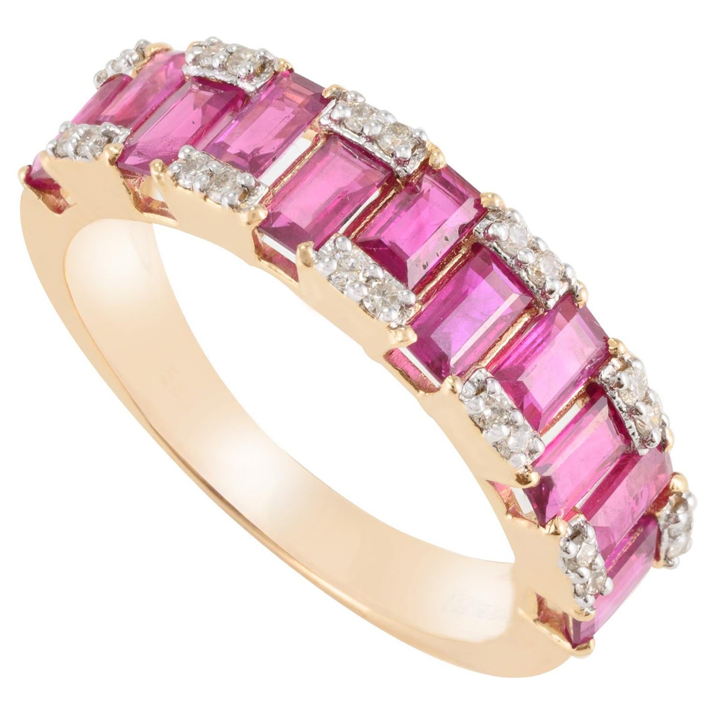 Real Ruby and Diamond Engagement Band Ring in 14k Solid Yellow Gold