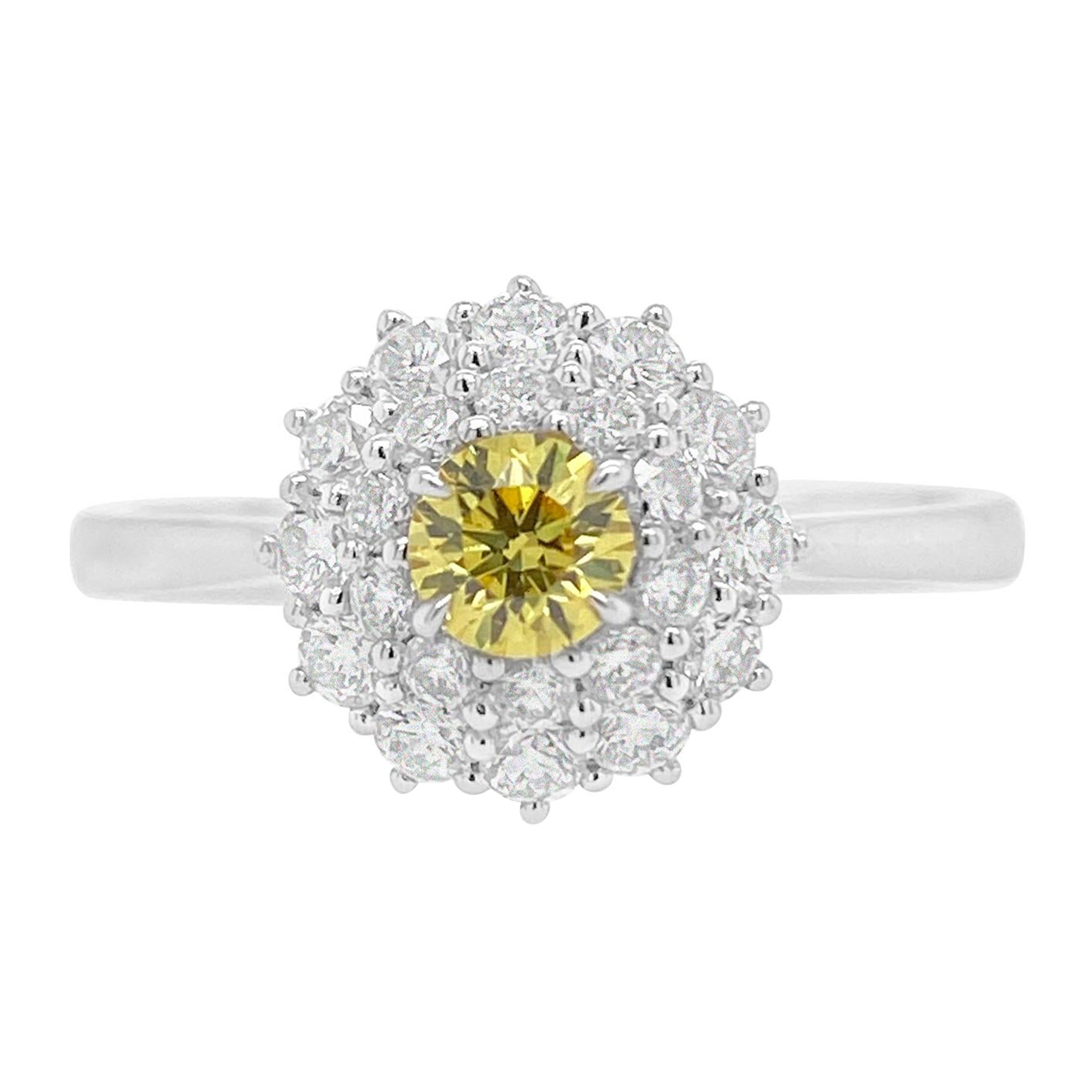 Rare Fancy Vivid Yellow diamond decorated with Rose cut white diamonds For Sale