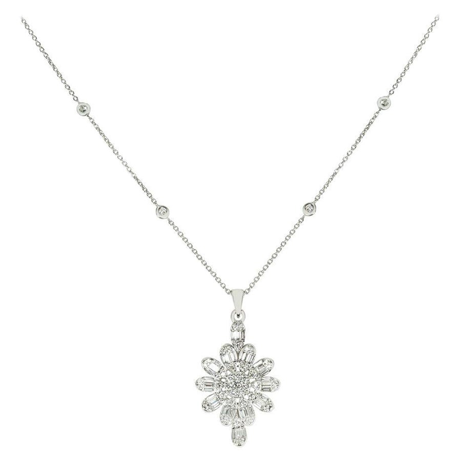 White Gold Diamond Floral Pendant 0.98ct TDW For Sale