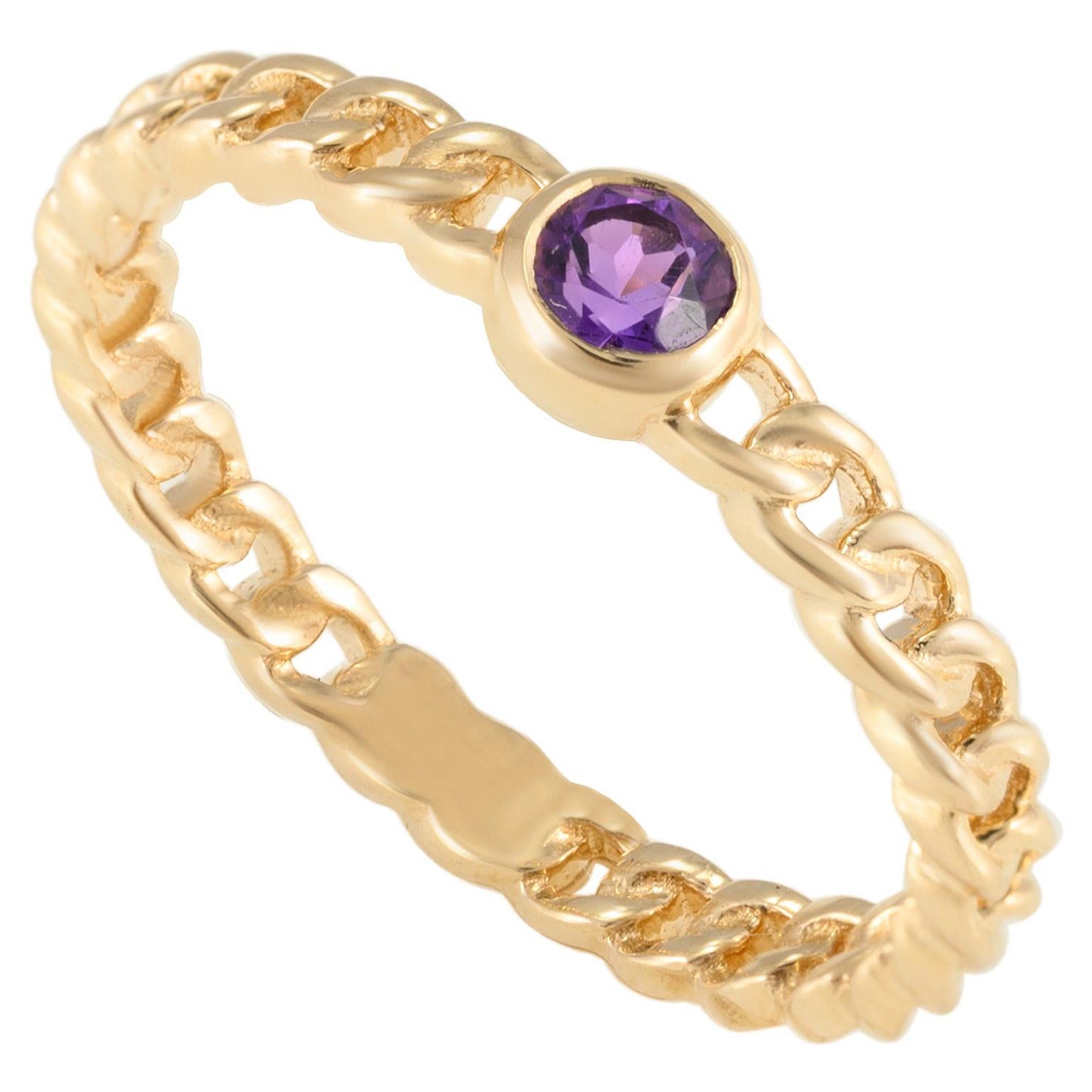 For Sale:  Dainty Round Amethyst Everyday Chain Ring Handcrafted in 14k Solid Yellow Gold