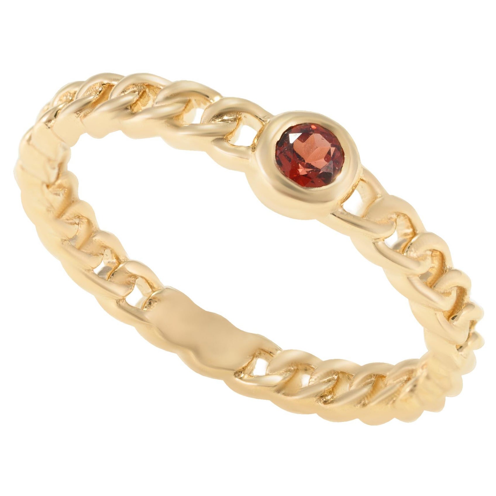 Natural Garnet Curb Chain Ring in 14k Solid Yellow Gold Minimalist Ring