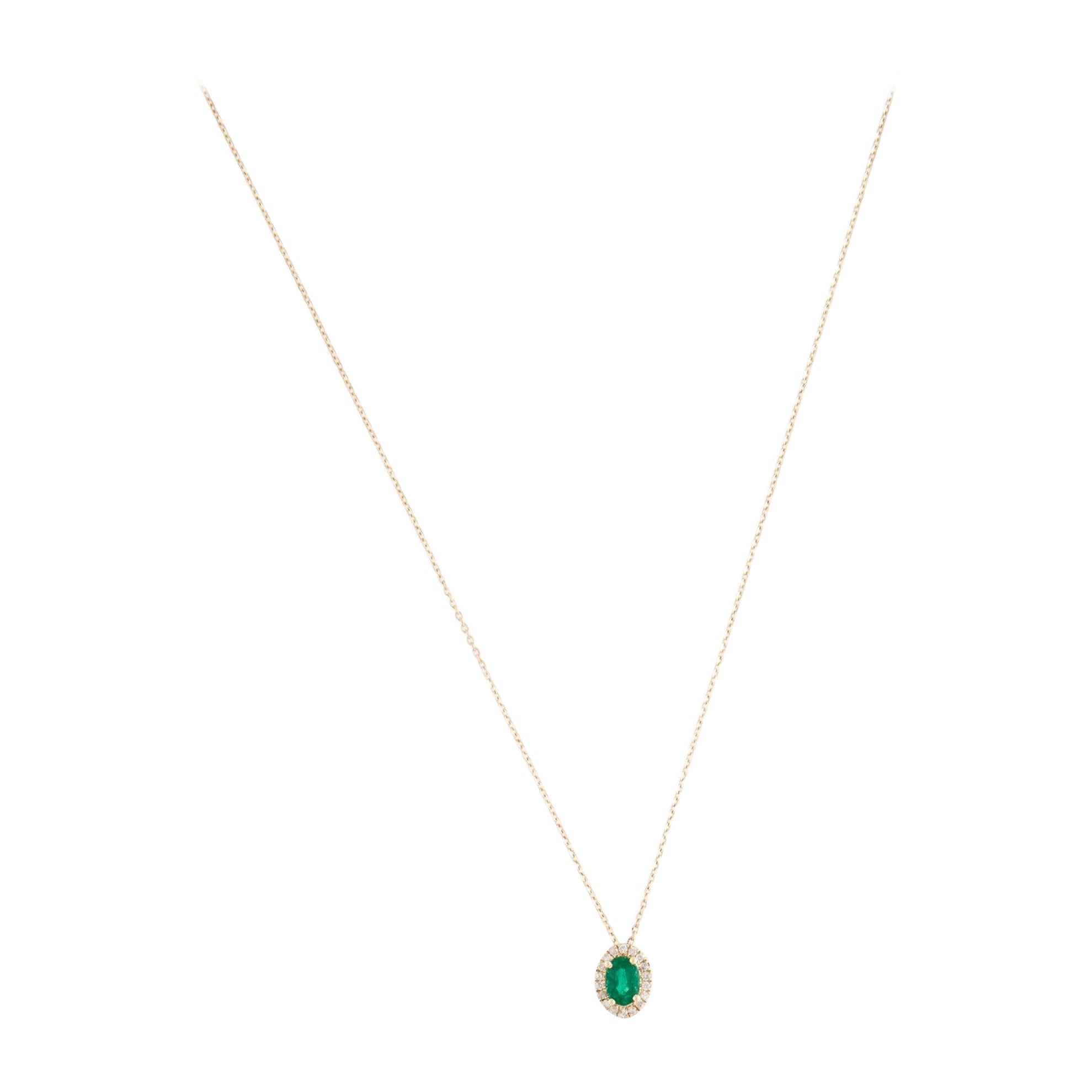 14K Emerald & Diamond Pendant Necklace - Elegant Gemstone Statement Piece For Sale