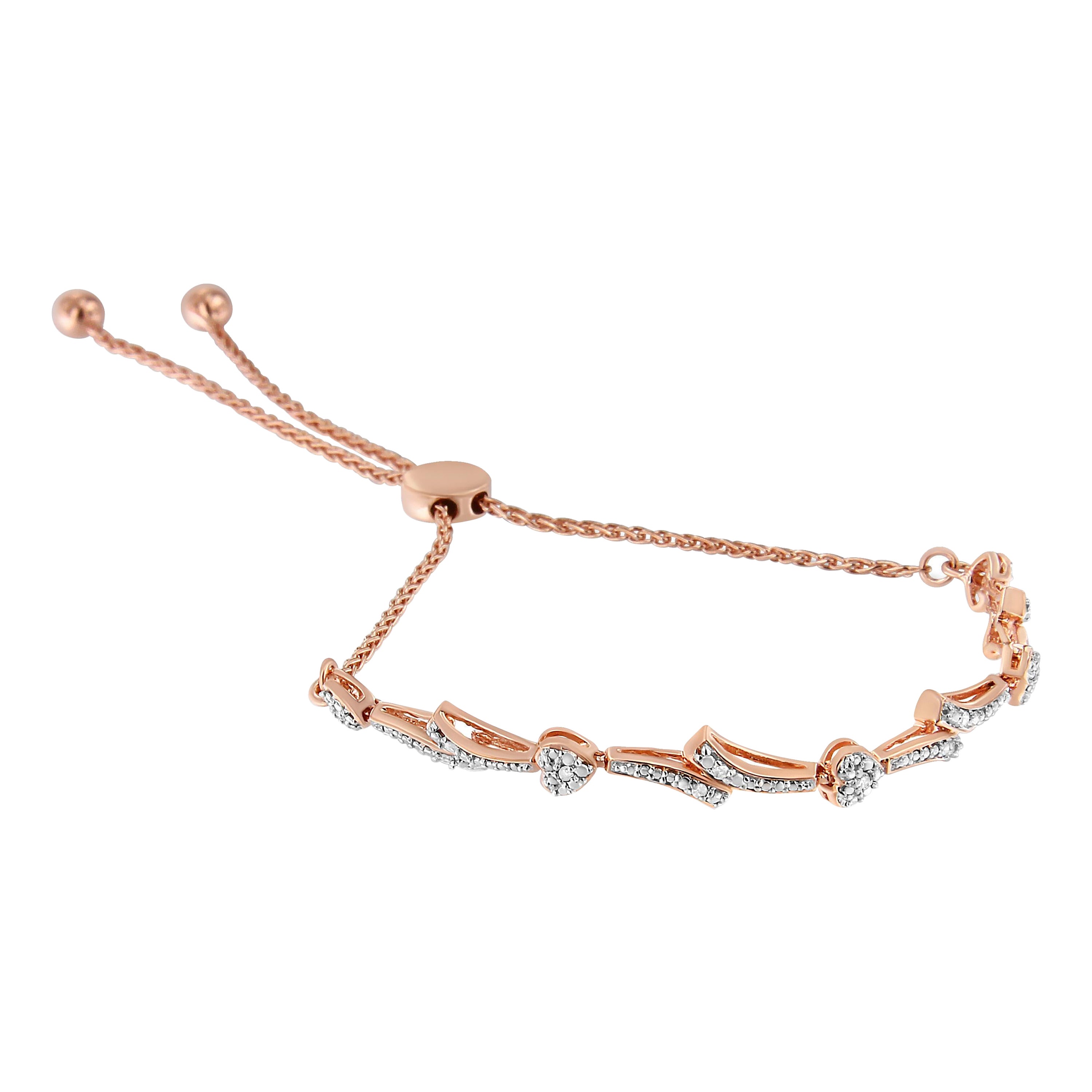 14K Rose Gold over Silver Diamond Accent Heart and Wave Link Bolo Bracelet For Sale