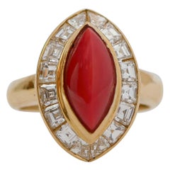 Vintage Coral, Diamonds, 18 Karat Yellow Gold Ring.