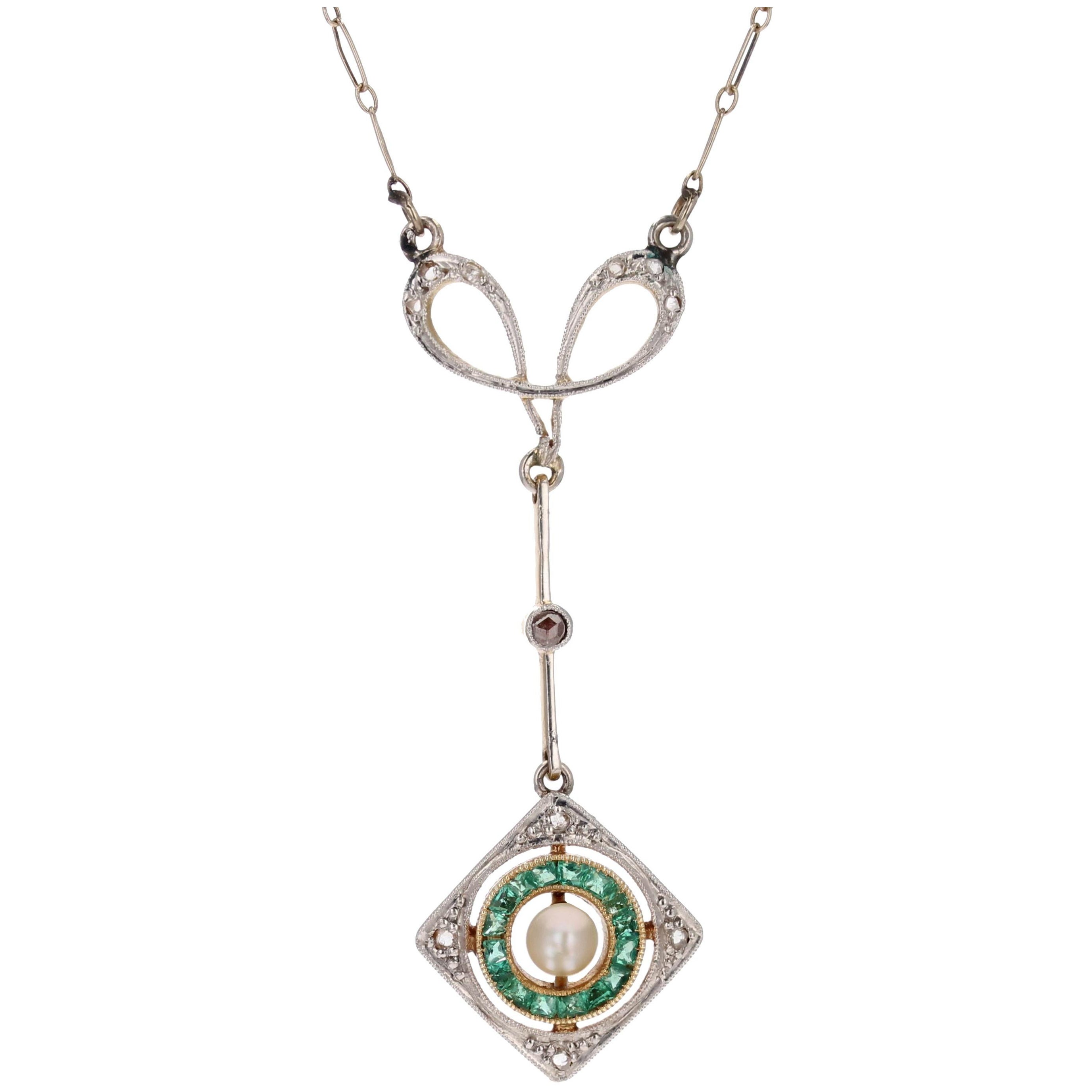 Art Deco Emerald Diamonds Fine Pearl 18 Karat Yellow White Gold Pendant Necklace For Sale