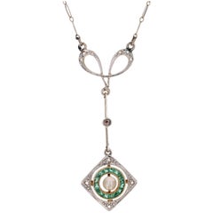 Antique Art Deco Emerald Diamonds Fine Pearl 18 Karat Yellow White Gold Pendant Necklace