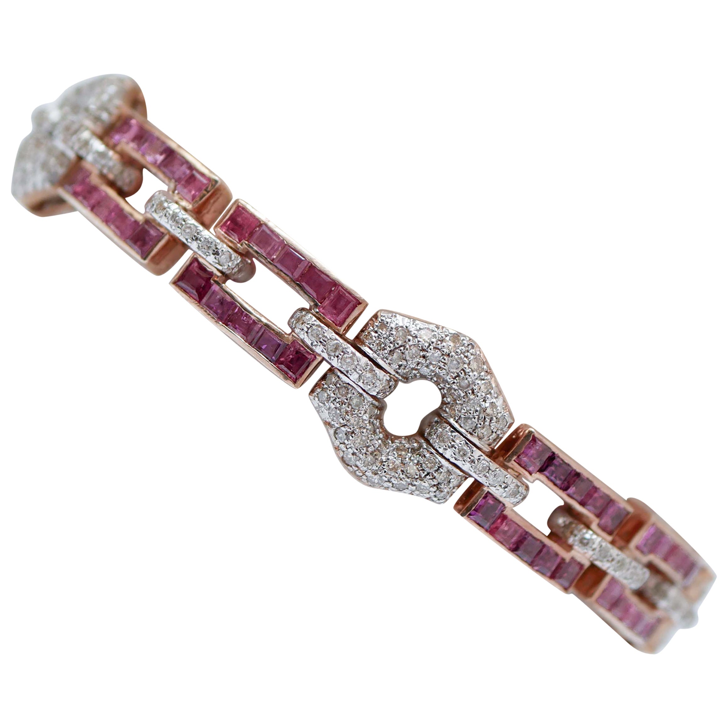 Rubies, Diamonds, Rose Gold and Silver Link Bracelet. For Sale