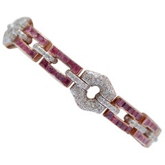 Vintage Rubies, Diamonds, Rose Gold and Silver Link Bracelet.