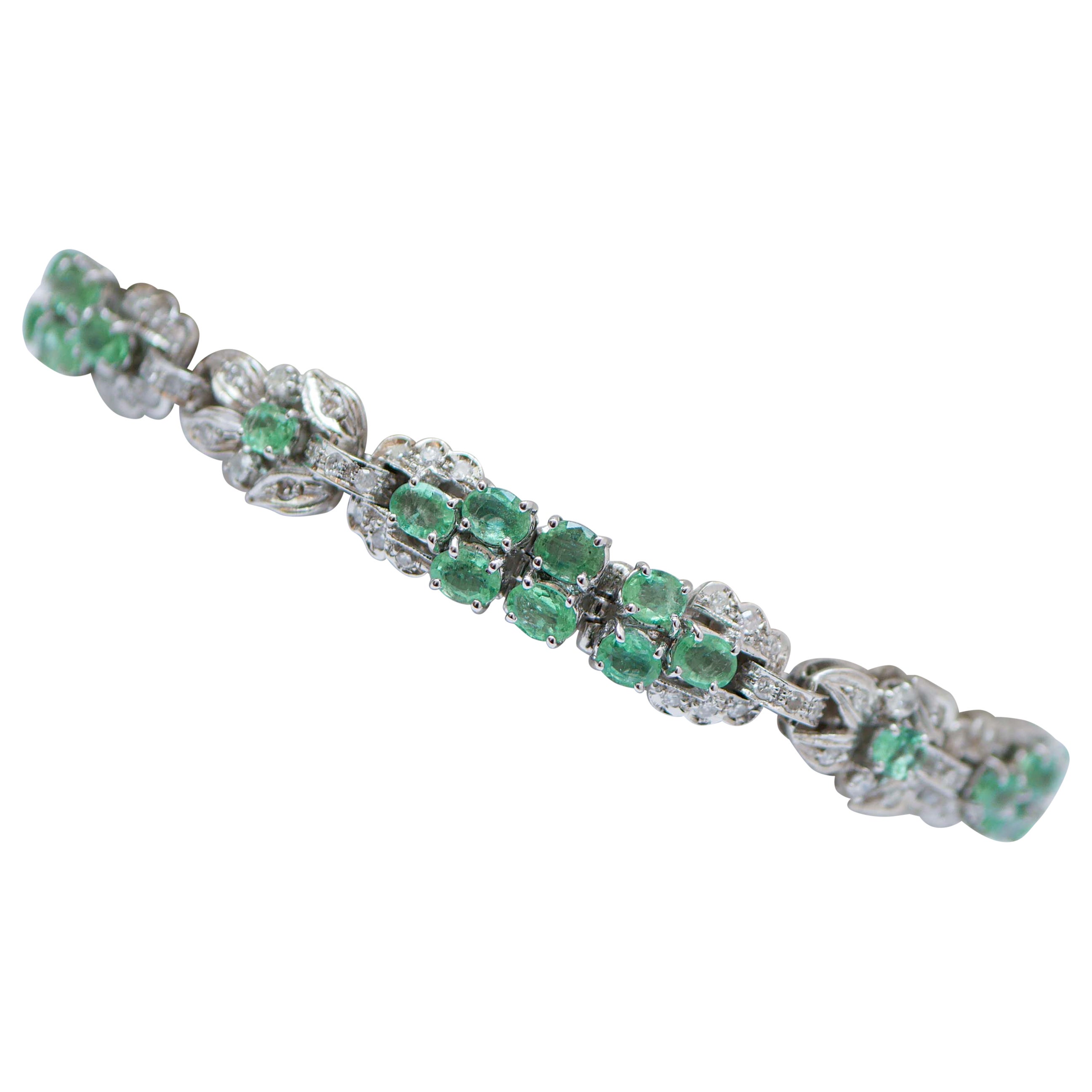 Emeralds, Diamonds, 14 Karat White Gold Bracelet. For Sale
