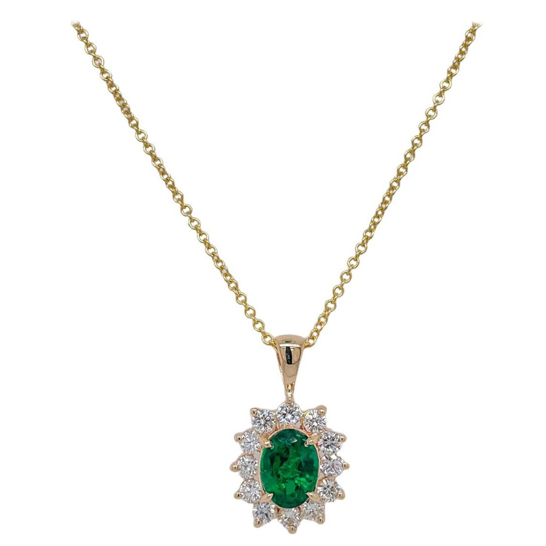 Oval Shape Emerald & Diamond Halo Pendant in 14K Yellow Gold For Sale