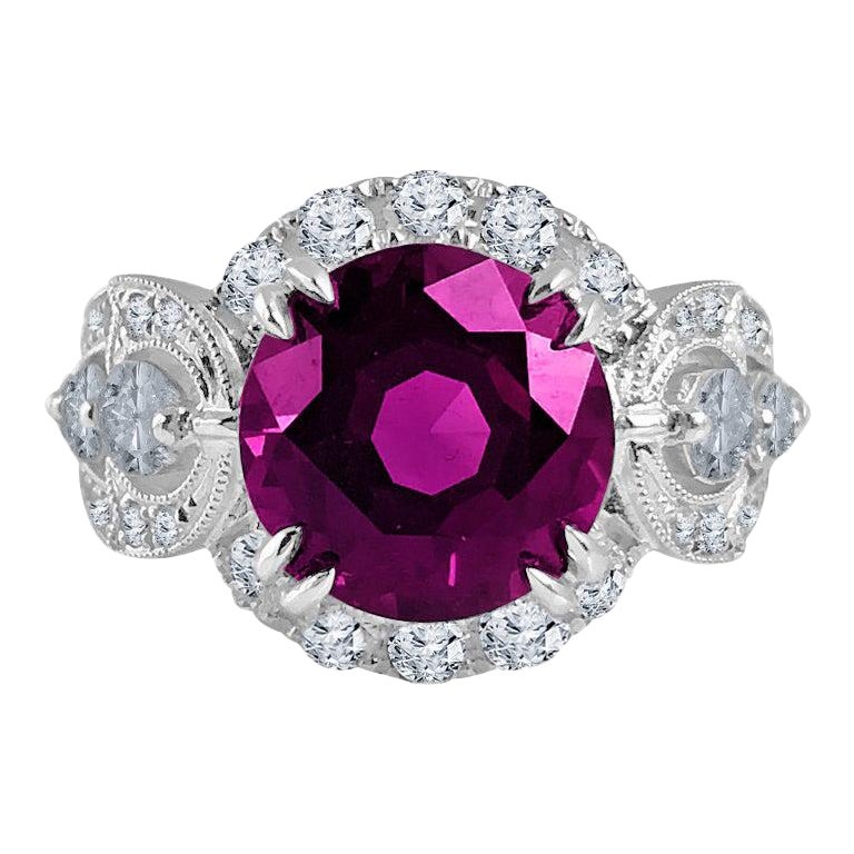 4.93 Carat Round Raspberry Garnet and 1.14 Ct Natural Diamond Ring ref1092 For Sale