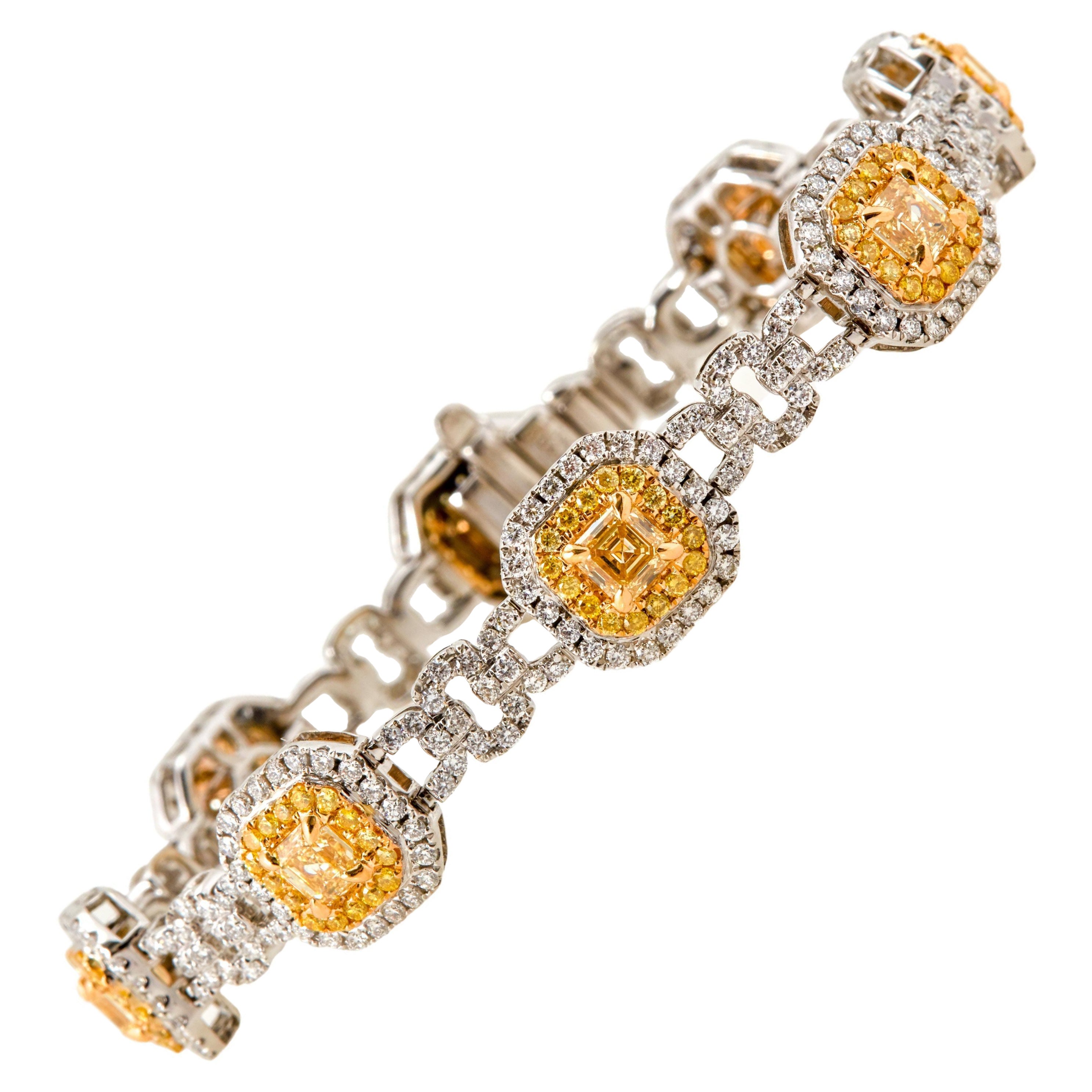 9.62 Carat Asscher Cut Fancy Yellow and White Diamond Bracelet, 18K White Gold For Sale