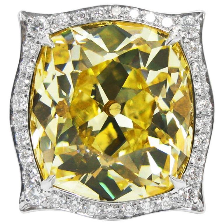 14.46 Carat GIA Fancy Intense Yellow Old Mine Cut Diamond and Platinum ...