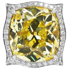 14.46 Carat GIA Fancy Intense Yellow Old Mine Cut Diamond and Platinum Ring 2