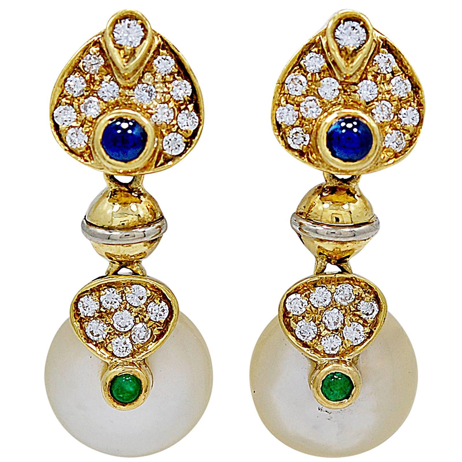 12mm Mother Of Pearl, Diamond, Emerald & Sapphire Earrings