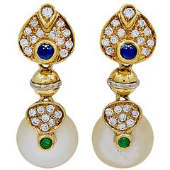 12mm Mother Of Pearl, Diamond, Emerald & Sapphire Earrings