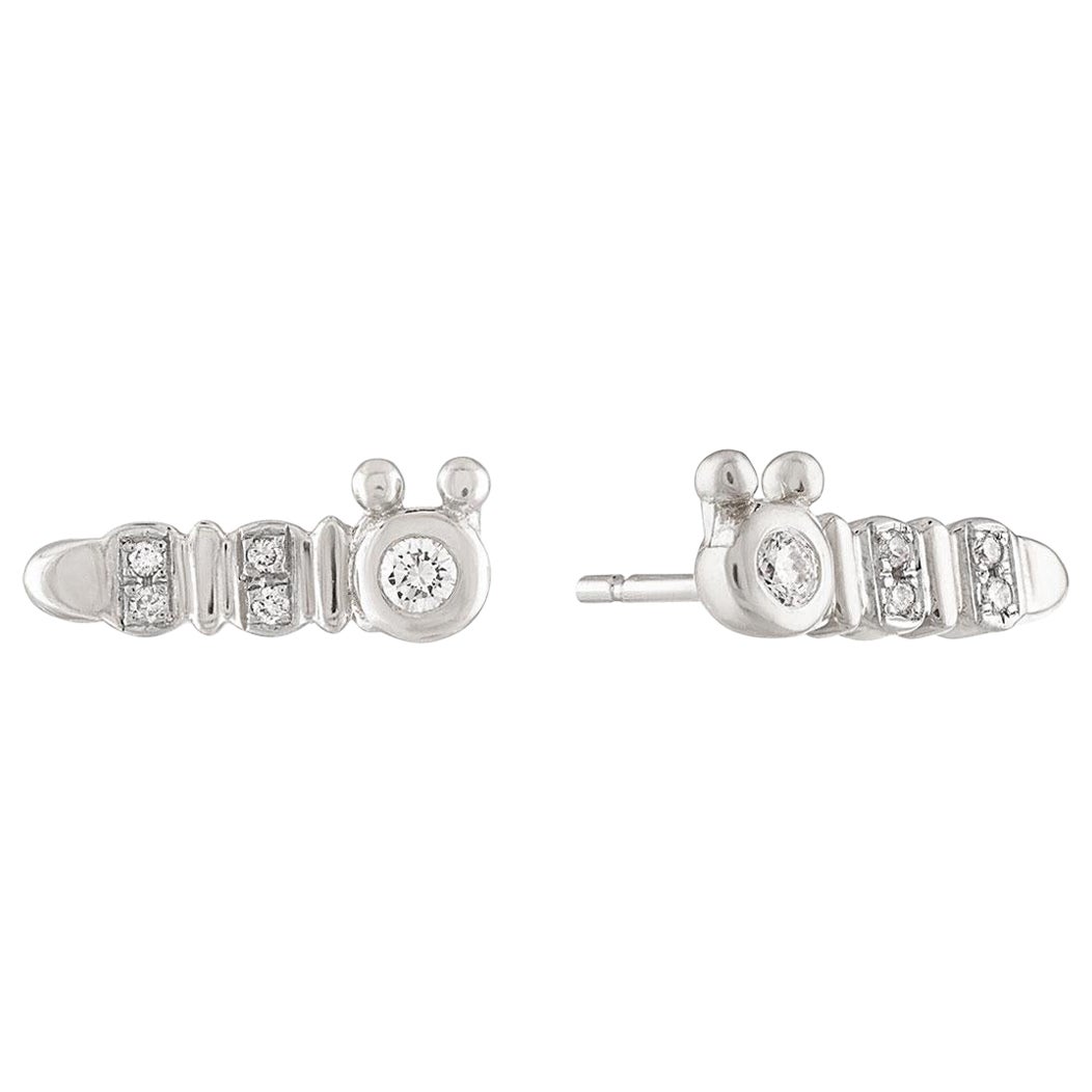 14k White Gold Diamond Pave Caterpillar Stud Insect Earrings Baubou For Sale