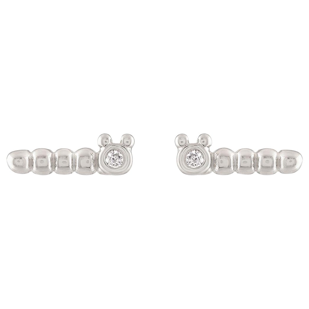 14k White Gold Diamond Baby Caterpillar Stud Insect Earrings Baubou