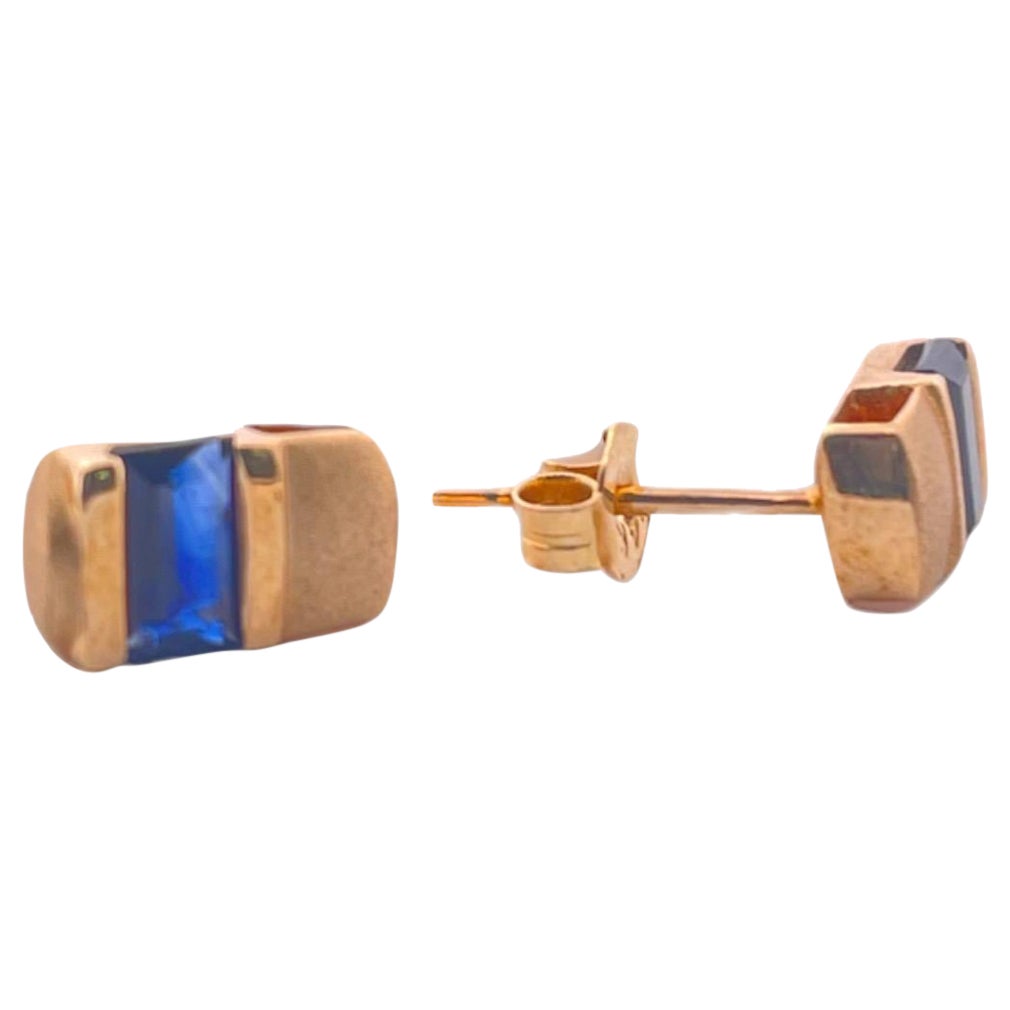 Majestic Midnight Sapphire Stud Earrings in 14K Yellow Gold For Sale