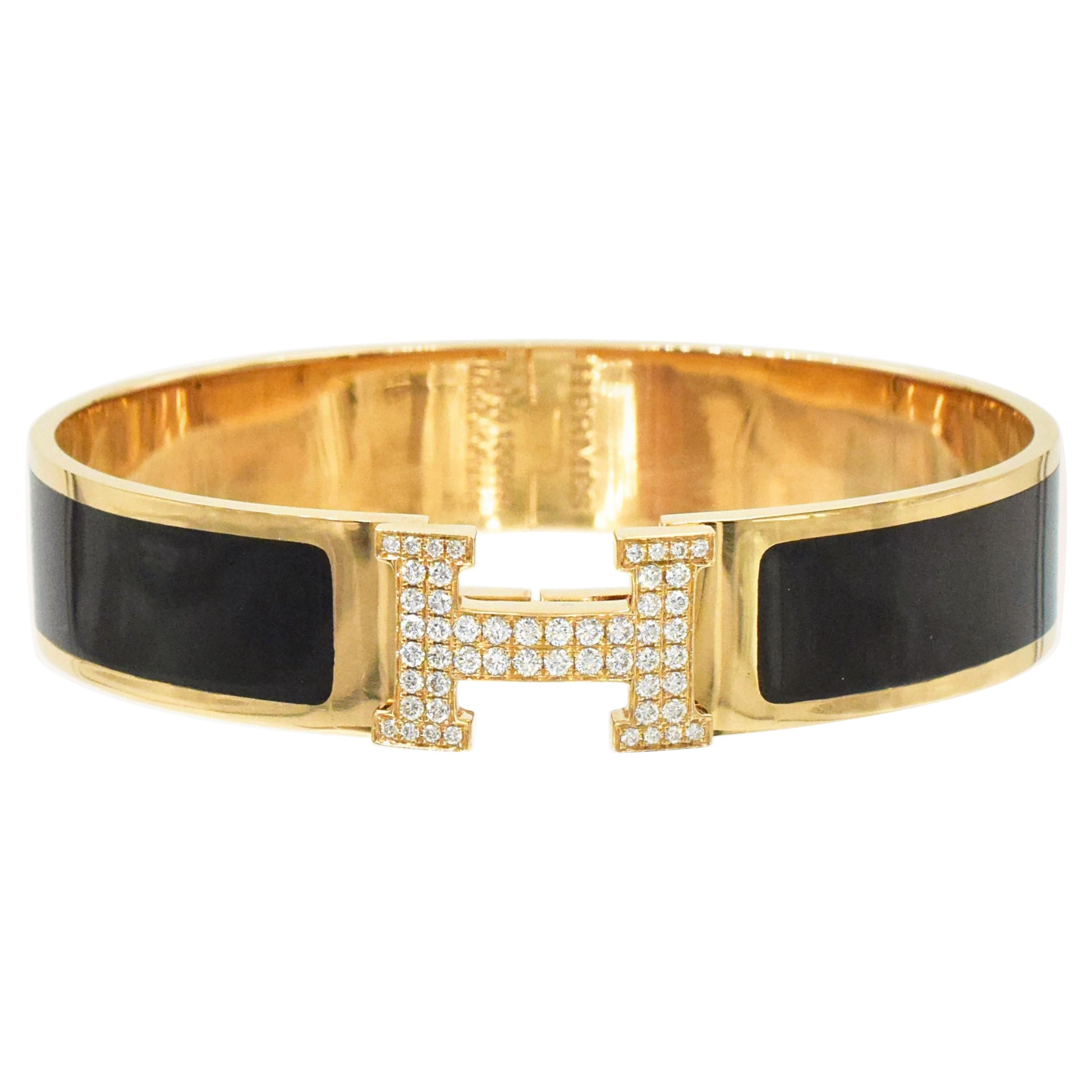 Hermes Clic Clac H Diamond and Black Enamel Bangle Bracelet