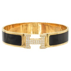 Used Hermes Clic Clac H Diamond and Black Enamel Bangle Bracelet