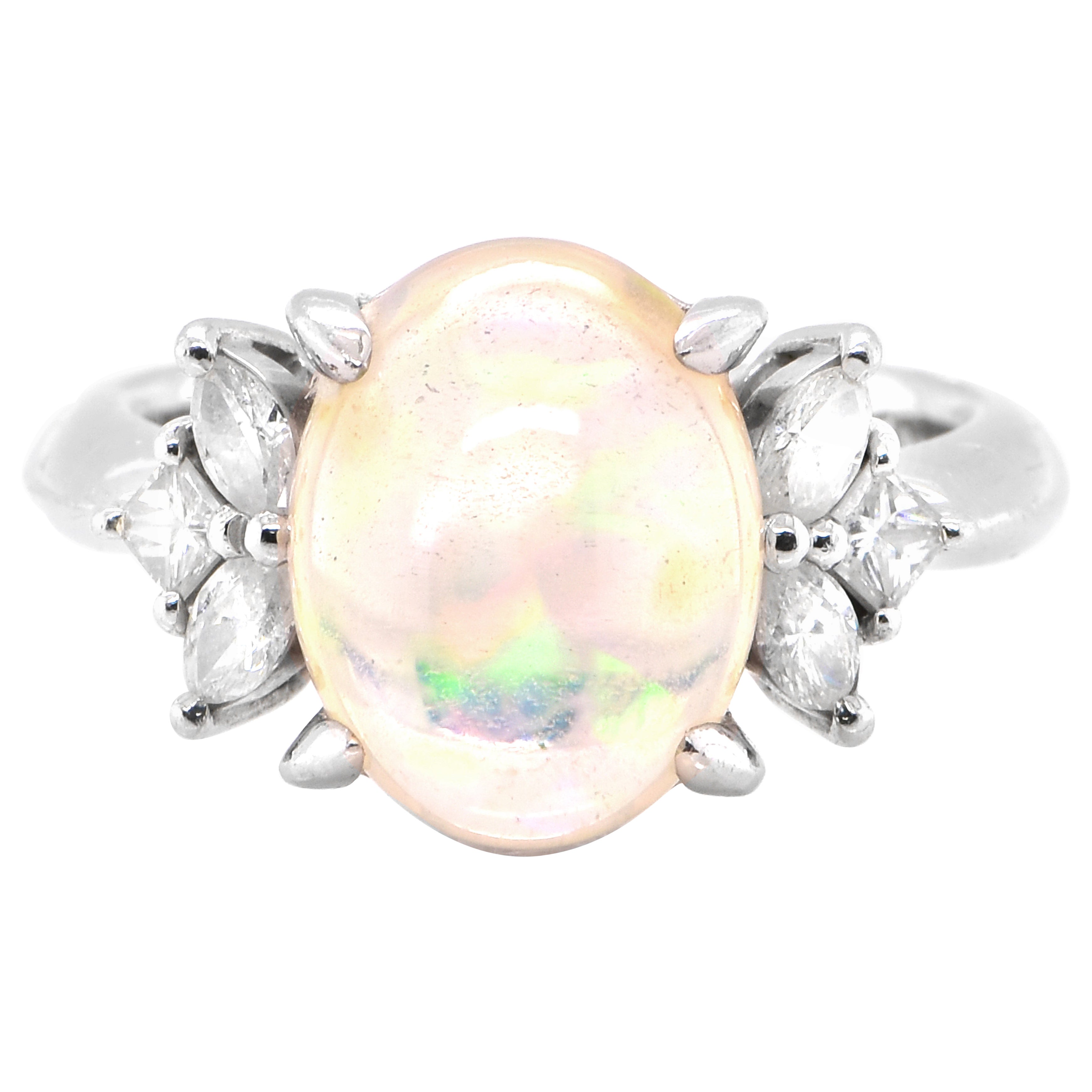 4.17 Carat Natural Water Opal and Diamond Cocktail Ring Set in Platinum For Sale