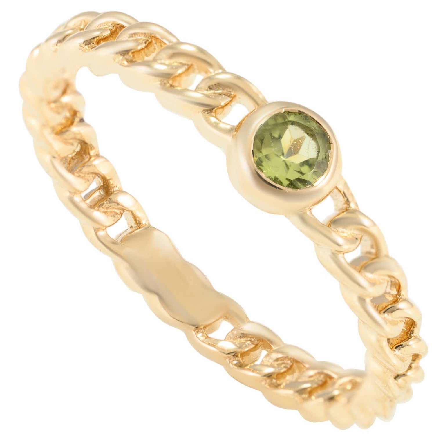 For Sale:  Minimalist Round Peridot Stackable Solid Curb Chain Ring in 14k Yellow Gold