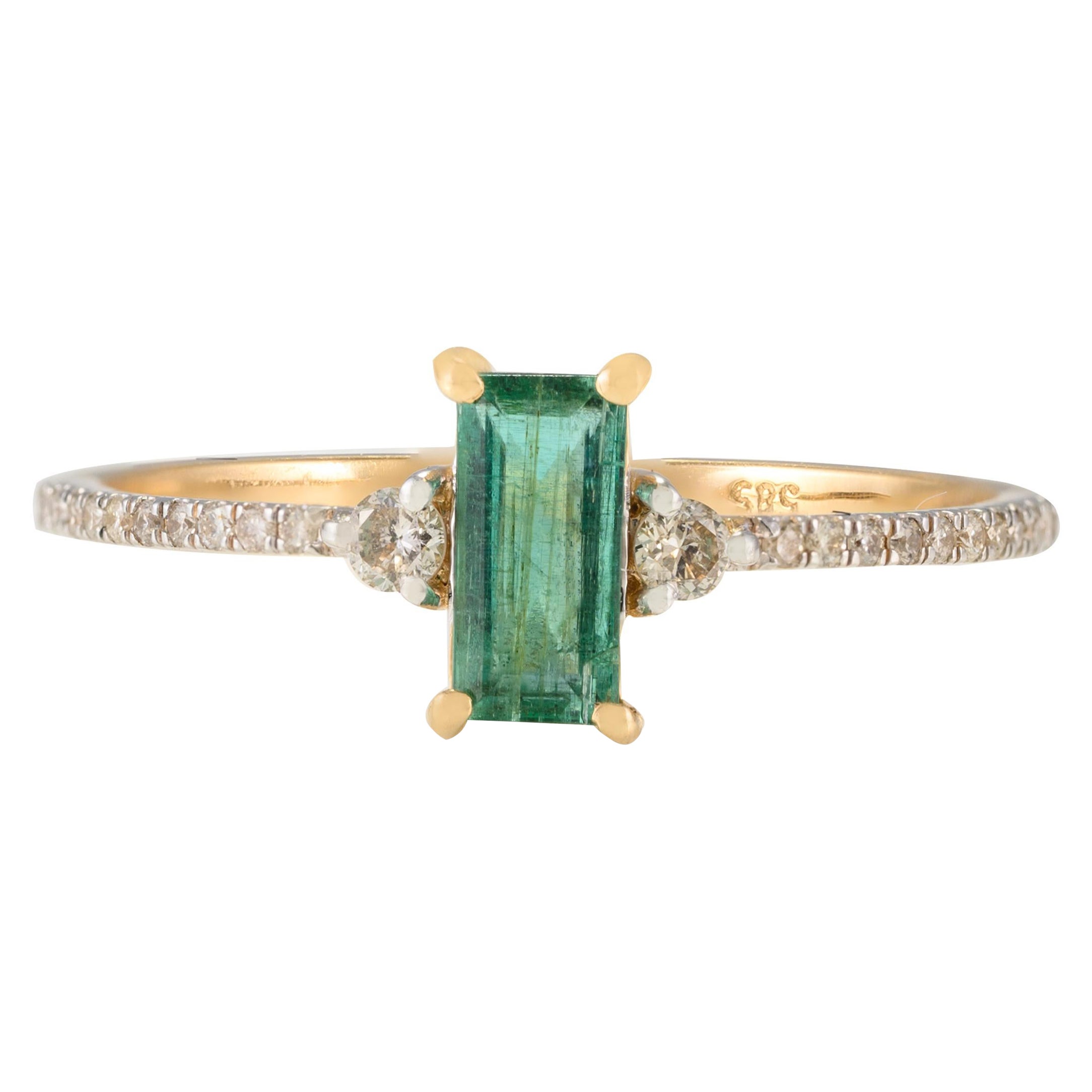 For Sale:  Minimalist Emerald and Diamond Everyday Ring 14k Solid Yellow Gold