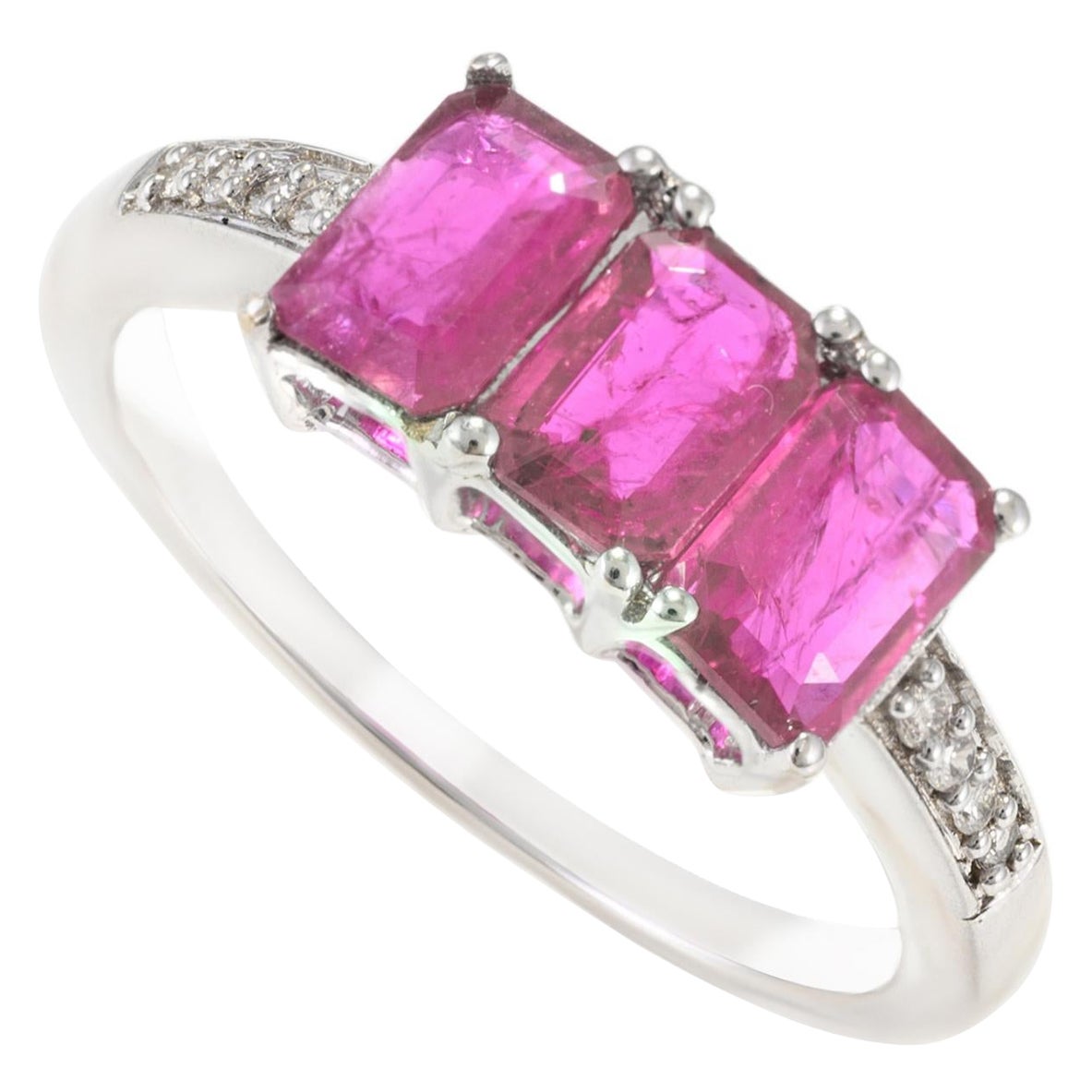 For Sale:  Three Stone Emerald Cut Ruby and Diamond Accent Ring in 14k White Gold
