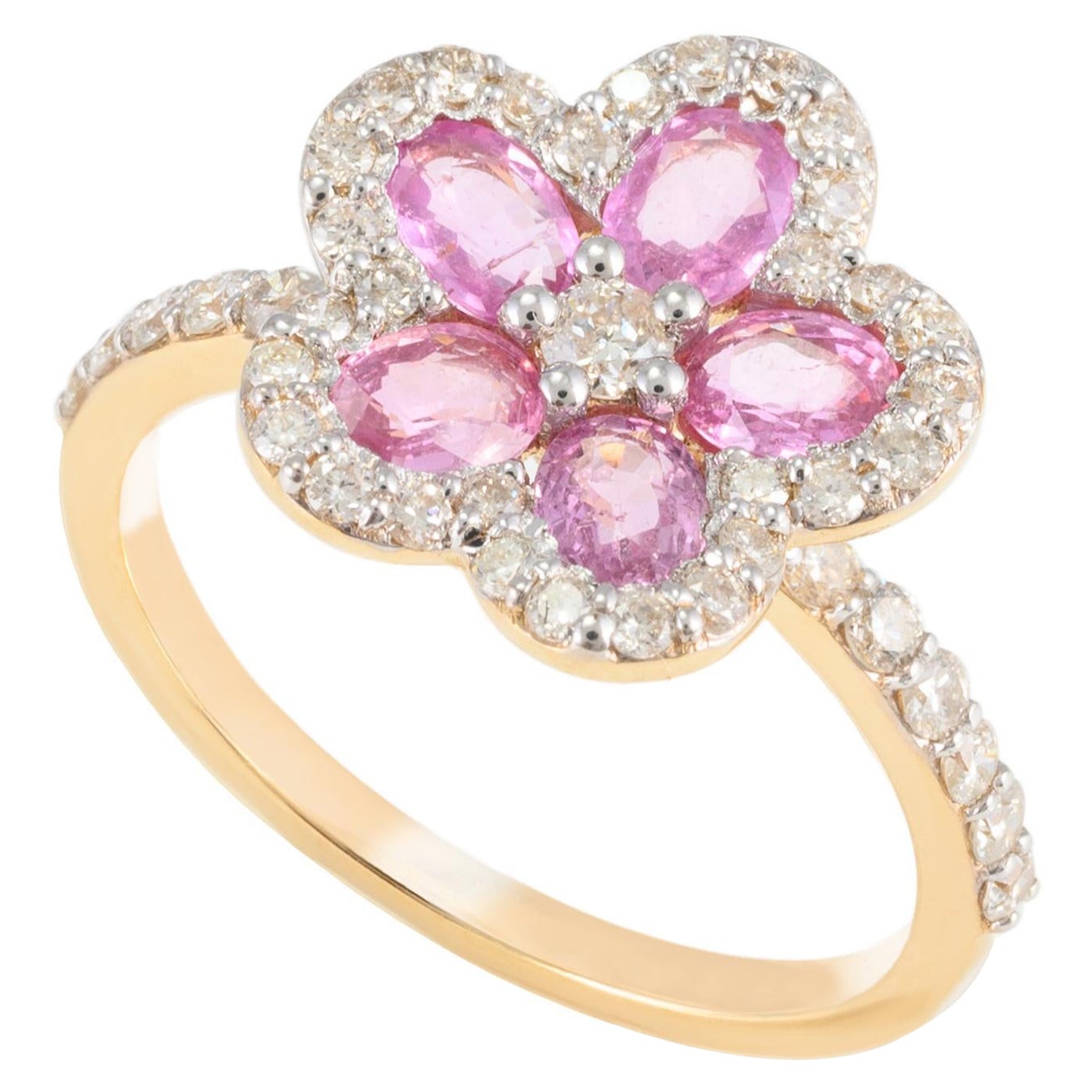 For Sale:  Pink Sapphire Cherry Blossom and Diamond Flower Ring 18k Solid Yellow Gold