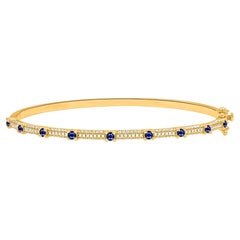 TJD 1.0 Ct Natural Diamond and Blue Sapphire Bangle Bracelet in 14KT Yellow Gold