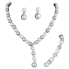 Round Grey or White Cultured Pearl Lariat Necklace Bracelet Earrings Suite