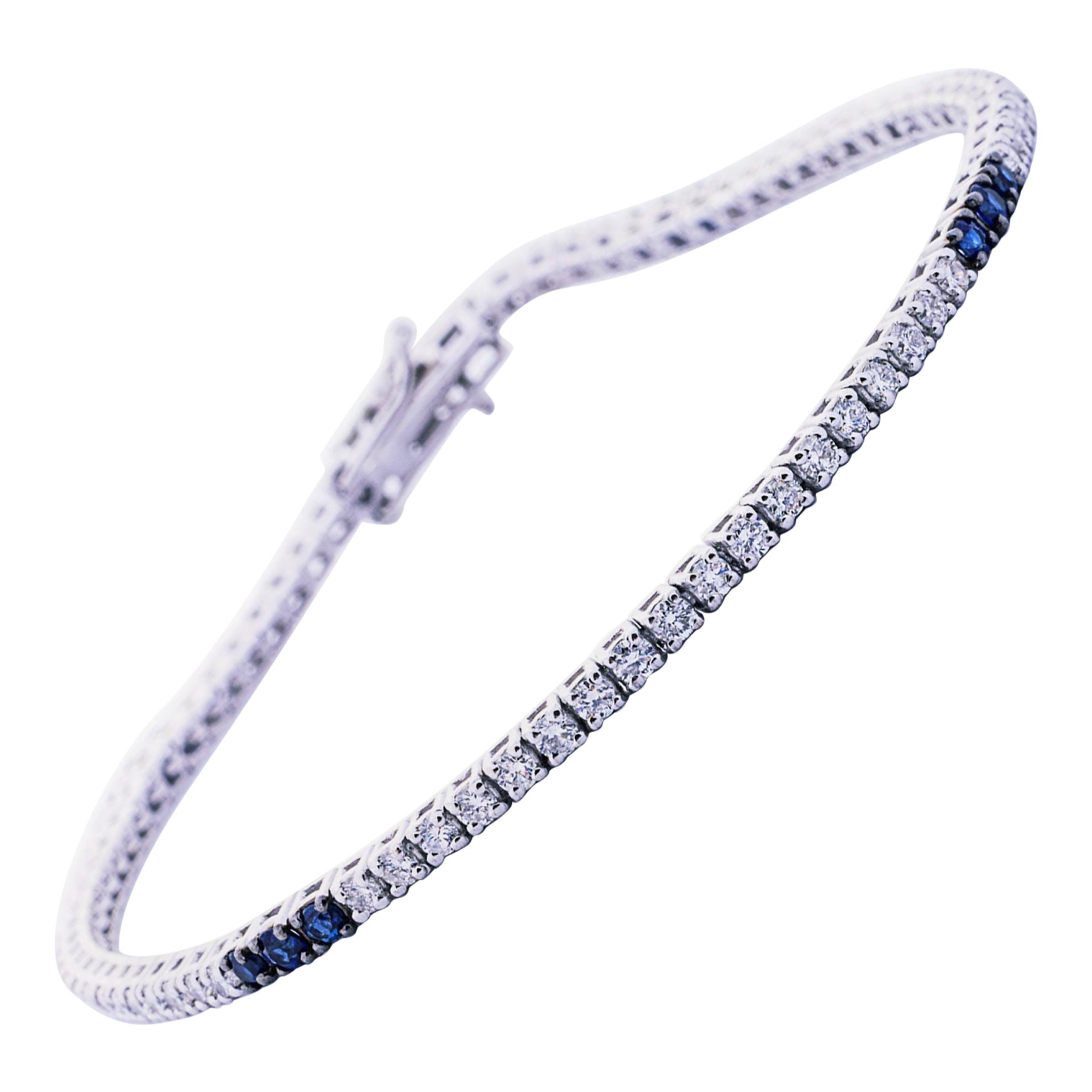  Alex Jona White Diamond & Blue Sapphire 18 Karat White Gold Tennis Bracelet For Sale