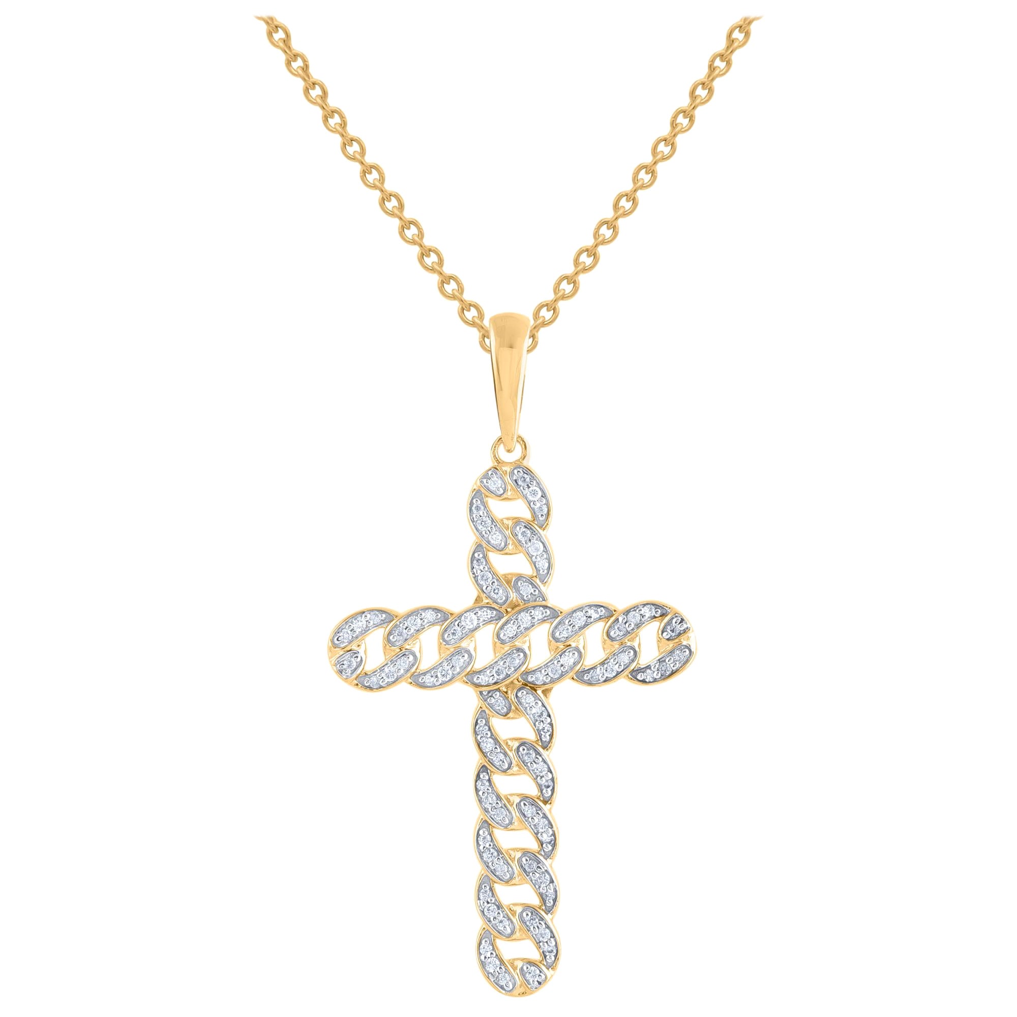 Collier pendentif croix en or jaune 14 carats avec diamants taille ronde de 0,20 carat TJD