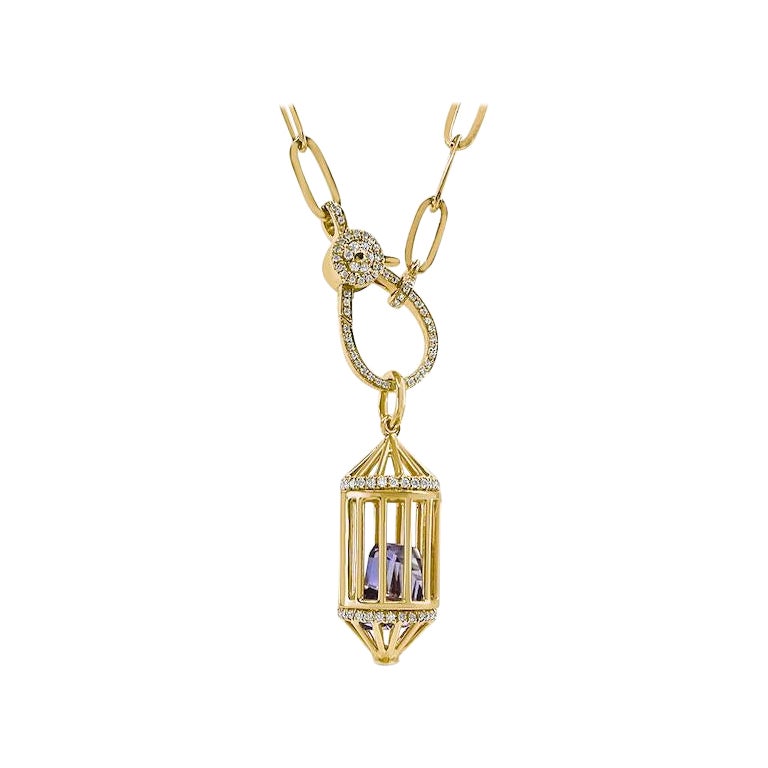 Birdcage Pendant with Amethyst Gem on Antonia Link Chain &Pave Clasp For Sale
