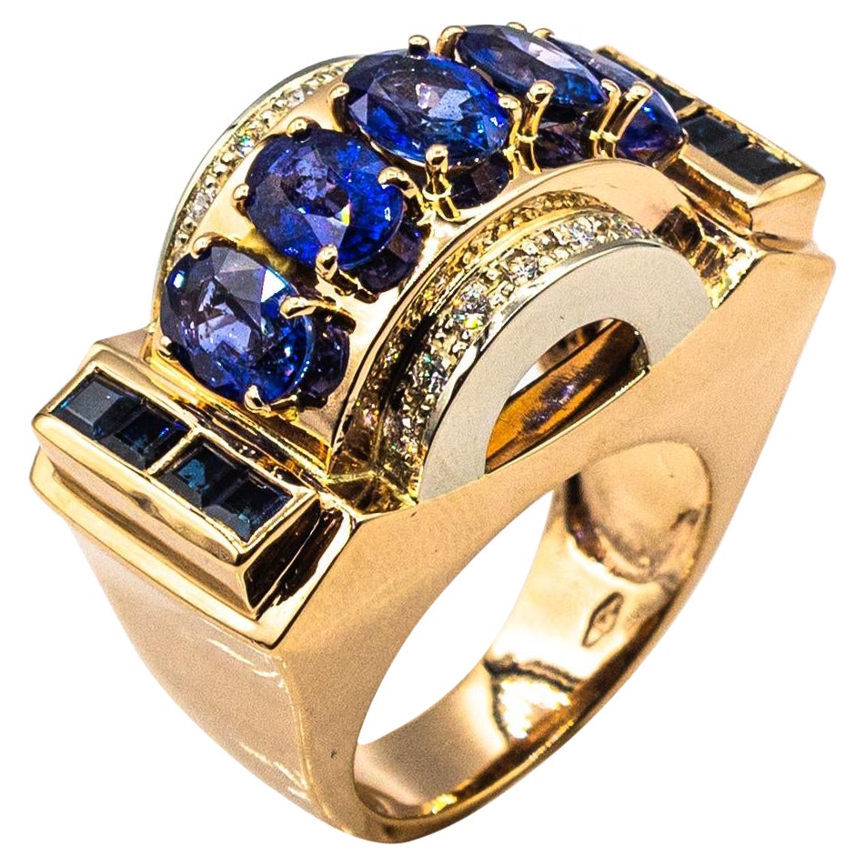 Art Deco Style Handcrafted White Diamond Blue Sapphire Yellow Gold Cocktail Ring For Sale