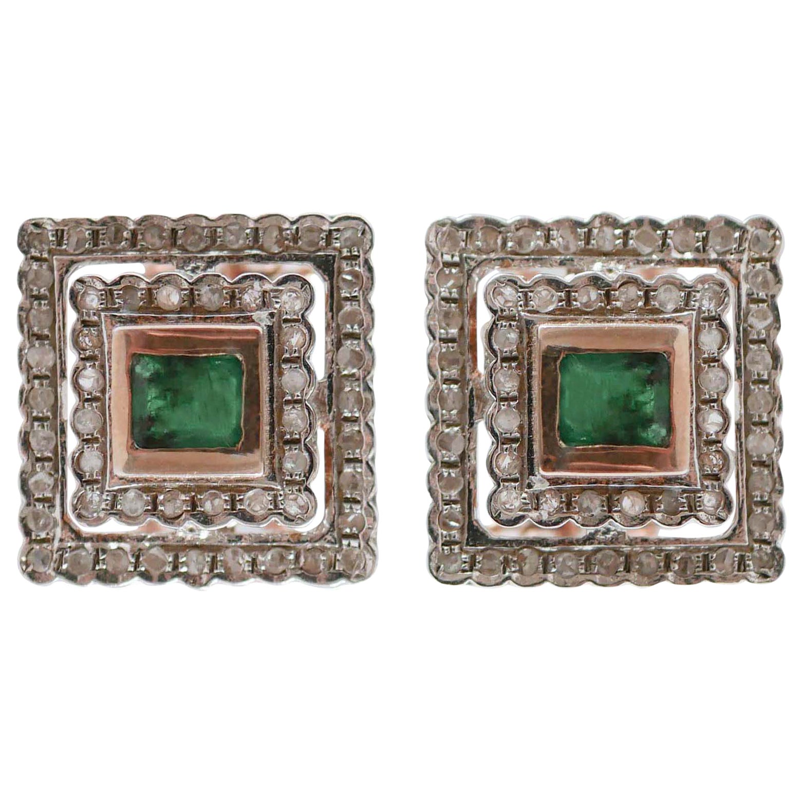 Emeralds, Diamonds, Rose Gold and Silver Retrò Earrings. For Sale