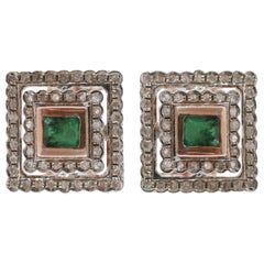 Vintage Emeralds, Diamonds, Rose Gold and Silver Retrò Earrings.