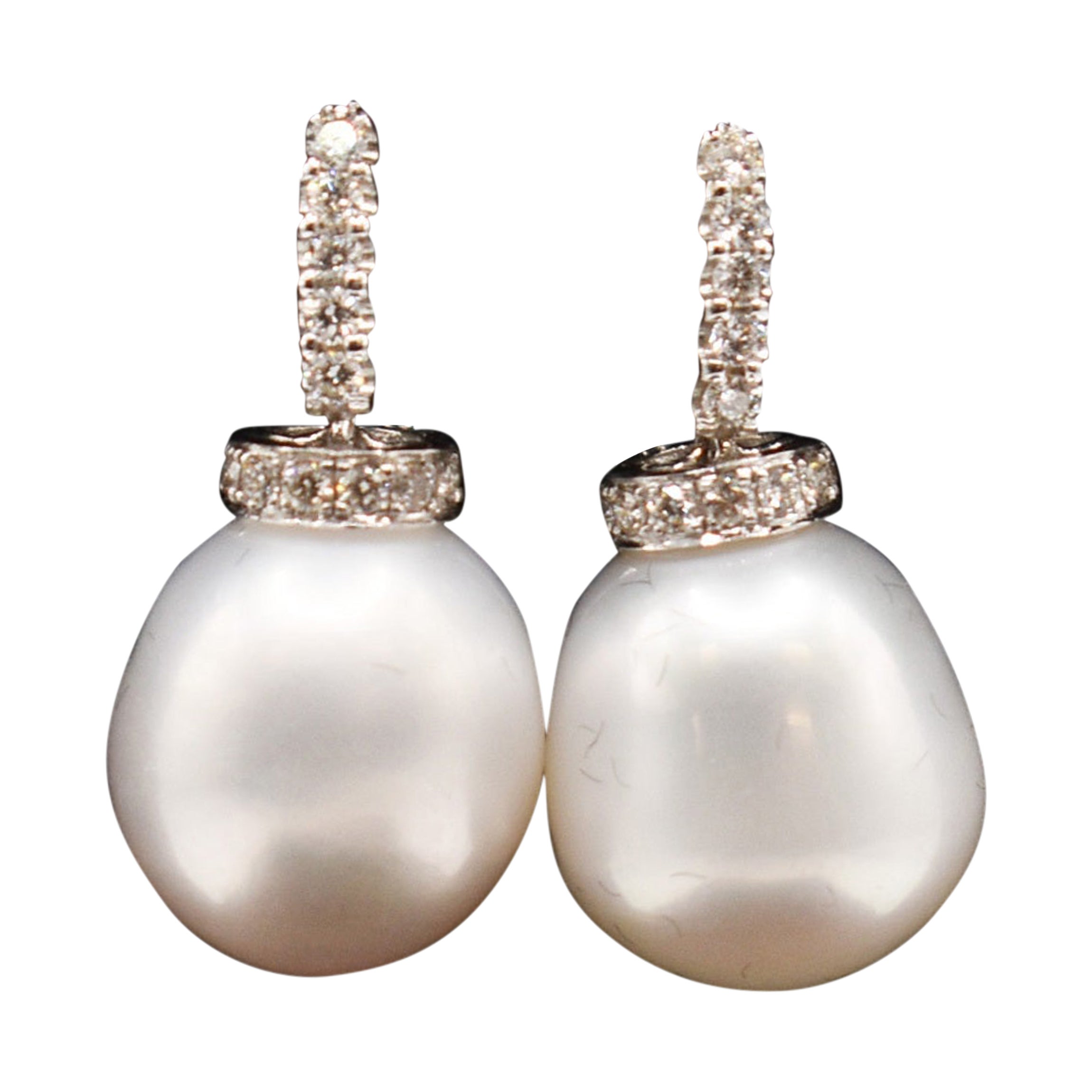Pair of 18k White Gold Pearl & Diamond Earrings For Sale